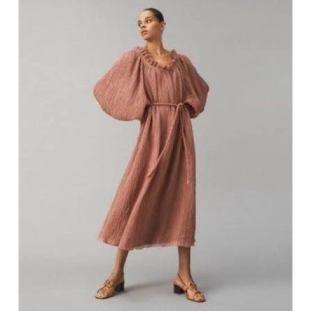 NWT Tory Burch Blush Rose Midi Goddess Dress with Tie Waist and Ruffle Neck